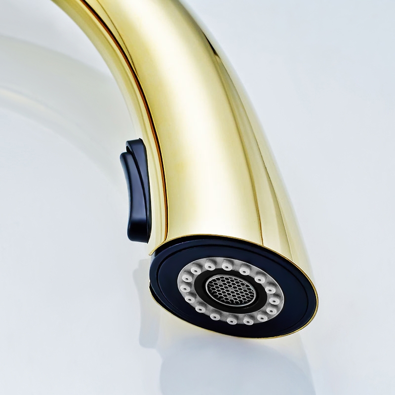 Modern Single Handle Rotatable 1-Hole Pull Out Kitchen Faucet with Dual-Function Spray Solid Brass in Gold window image