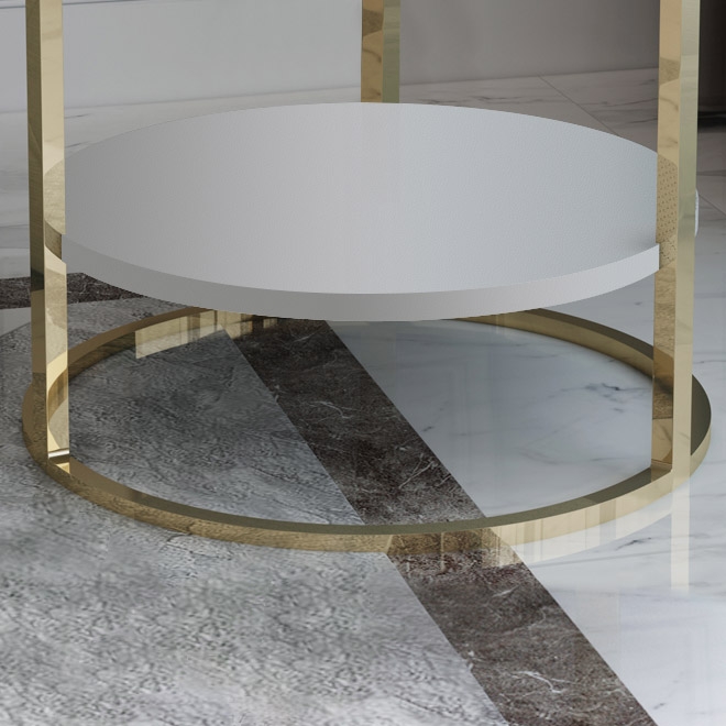 White Round Faux Marble Side Table with Storage PU Leather Gold Finish window image