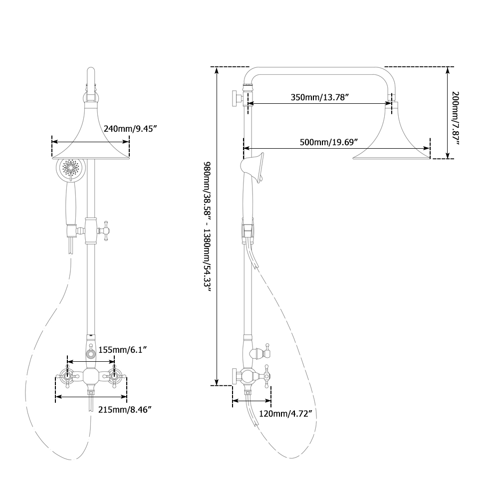 Pommeau de douche à effet pluie et mitigeur de douche à main rond et poignée croisée en laiton massif doré image de fenêtre