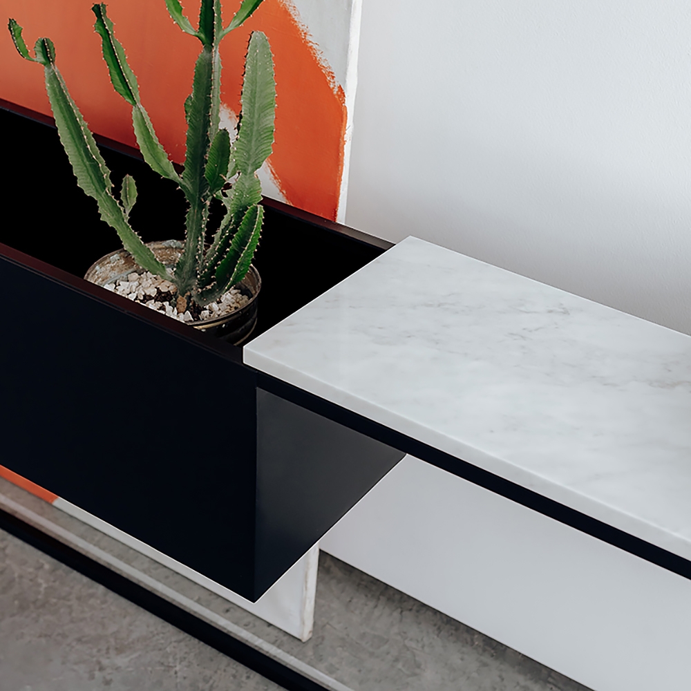 Modern White&Black Faux Marble Narrow Console Table Rectangle with Storage window image
