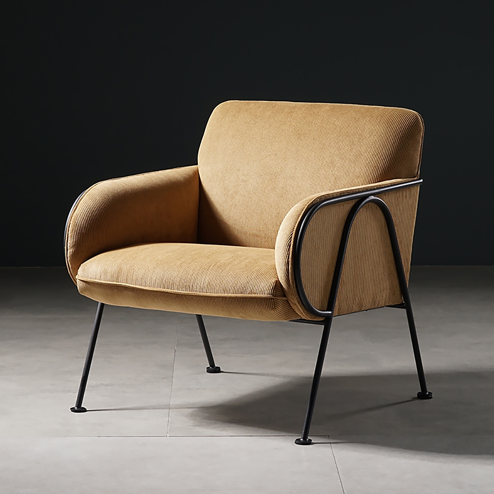 Yellow Upholstered Corduroy Accent Chair Modern Arm Chair Metal in Black window image