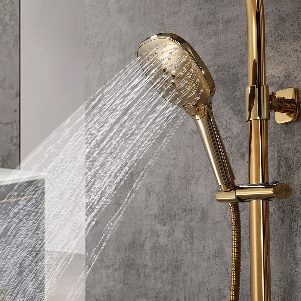 Zime Modern Gold Exposed Adjustable Shower Faucet Thermostatic Valve with 2-Function Hand Shower & Waterfall Tub Spout Shower System Solid Brass window image