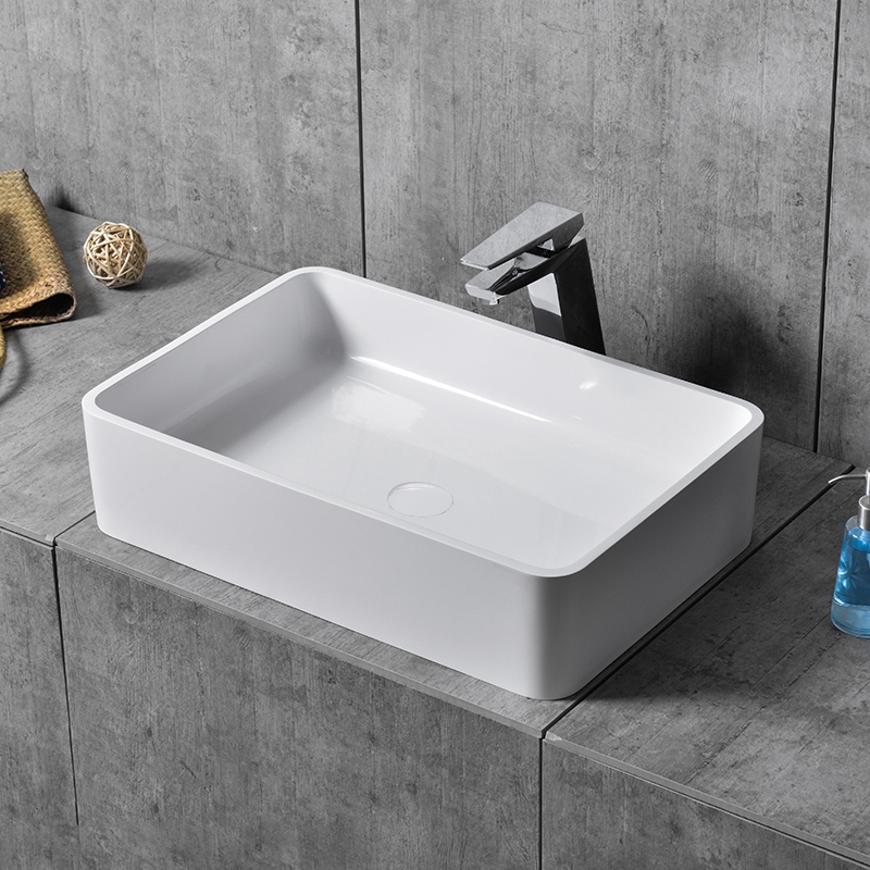 Glossy White Rectangular Stone Resin Modern Bathroom Vessel Sink with Pop-Up Drain window image
