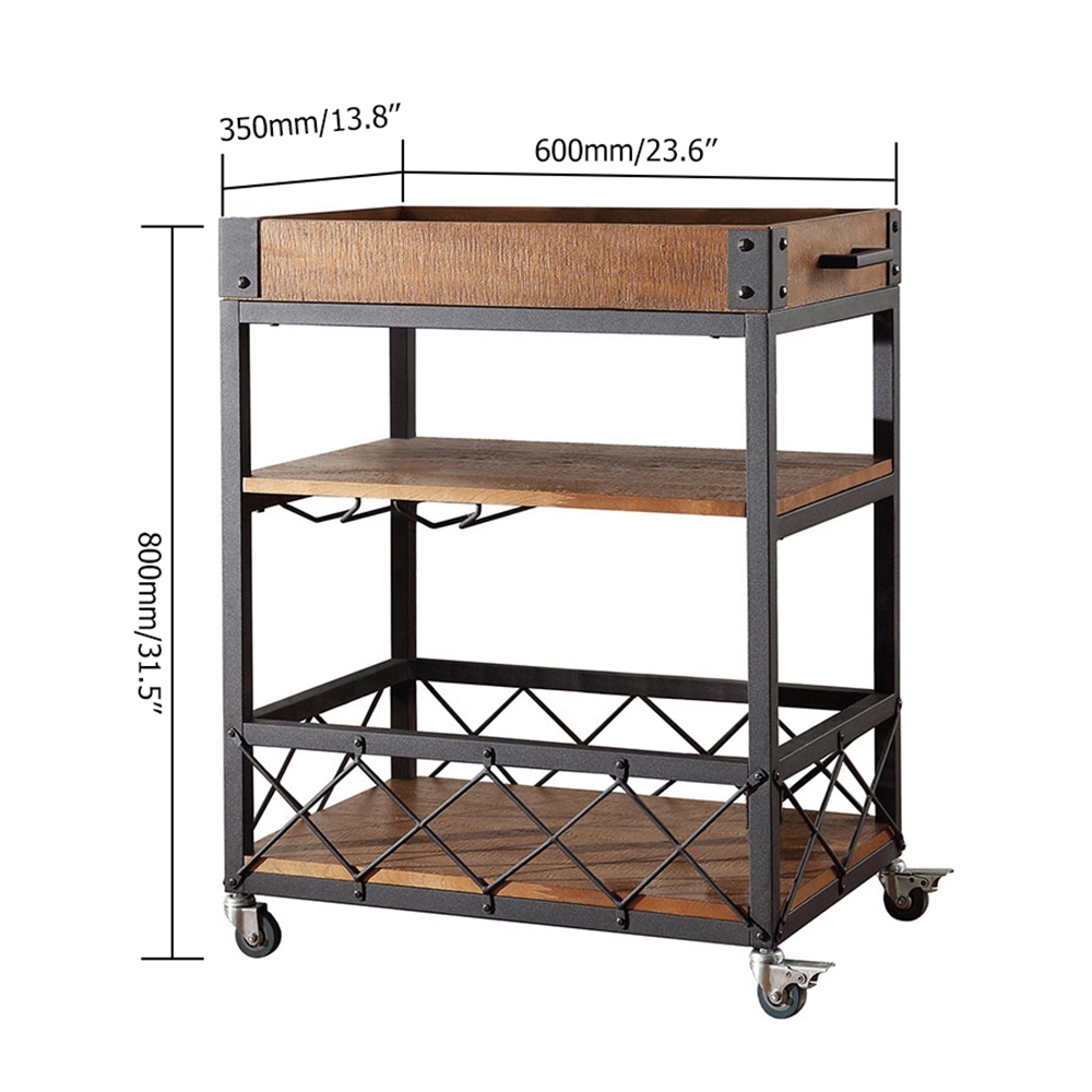 Vintage 23.6" 3-Tier Rolling Bar Cart Glasses Holder with Handle Black Metal & Wood window image