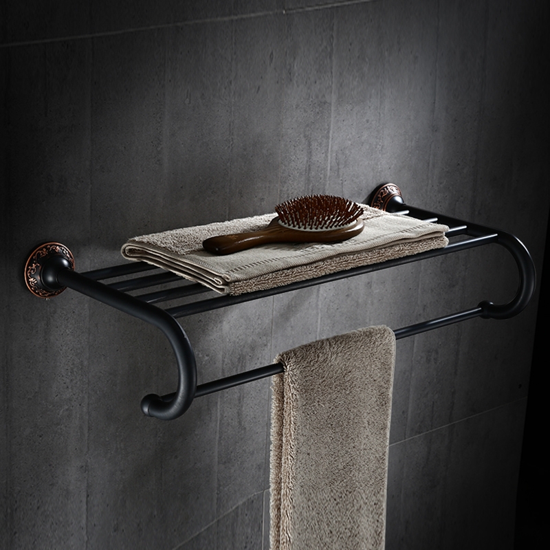 Bella Classique Solide Porte-Serviette avec Barre Simple Étagère de Salle de Bain Antique Noir image de fenêtre