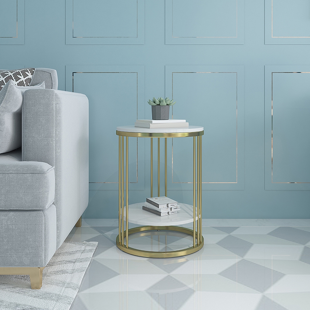 Modern Round Faux Marble Side Table with Shelf Gold Finish window image