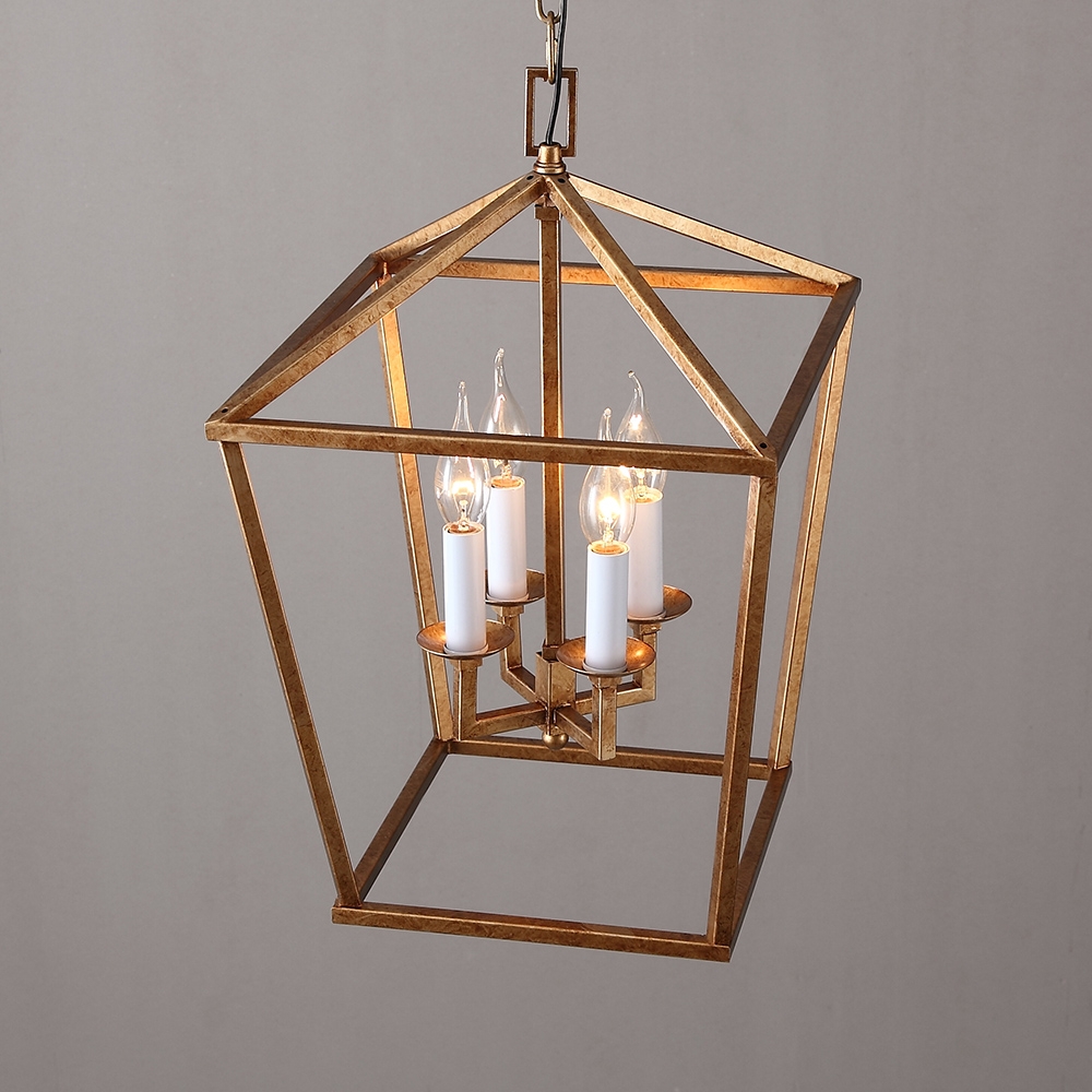 Vintage Geometric Cage Frame 4 Candle Light Kitchen Foyer Pendant Light in Brass Finish window image