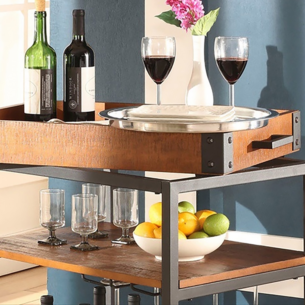 Vintage 23.6" 3-Tier Rolling Bar Cart Glasses Holder with Handle Black Metal & Wood window image