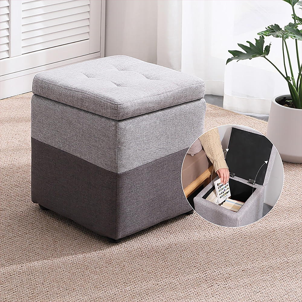 Deep Grey & Light Grey Pouf Ottoman Upholstered Ottoman Footrest with Hidden Storage window image