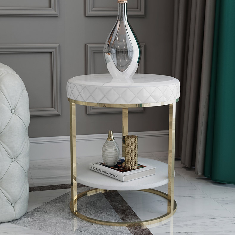White Round Faux Marble Side Table with Storage PU Leather Gold Finish window image