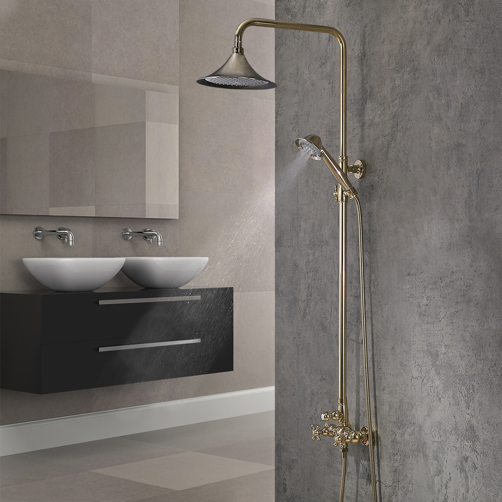 Pommeau de douche à effet pluie et mitigeur de douche à main rond et poignée croisée en laiton massif doré image de fenêtre