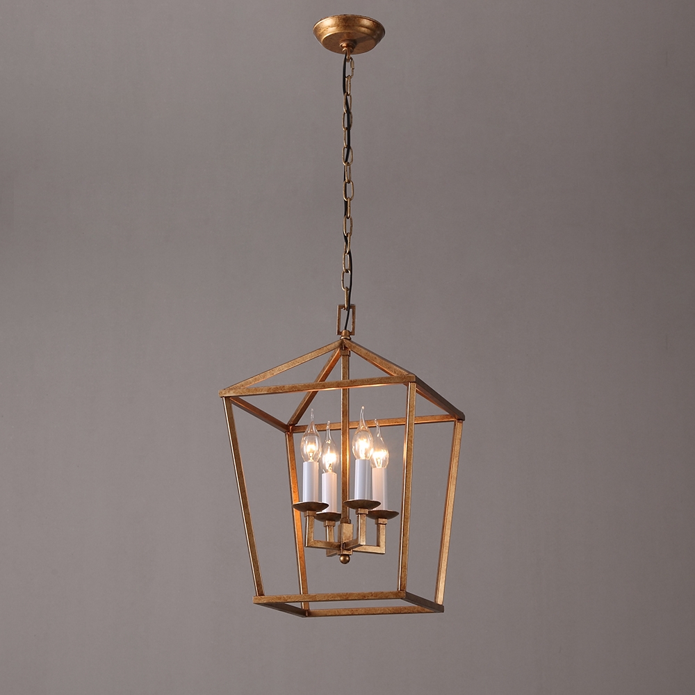 Vintage Geometric Cage Frame 4 Candle Light Kitchen Foyer Pendant Light in Brass Finish window image