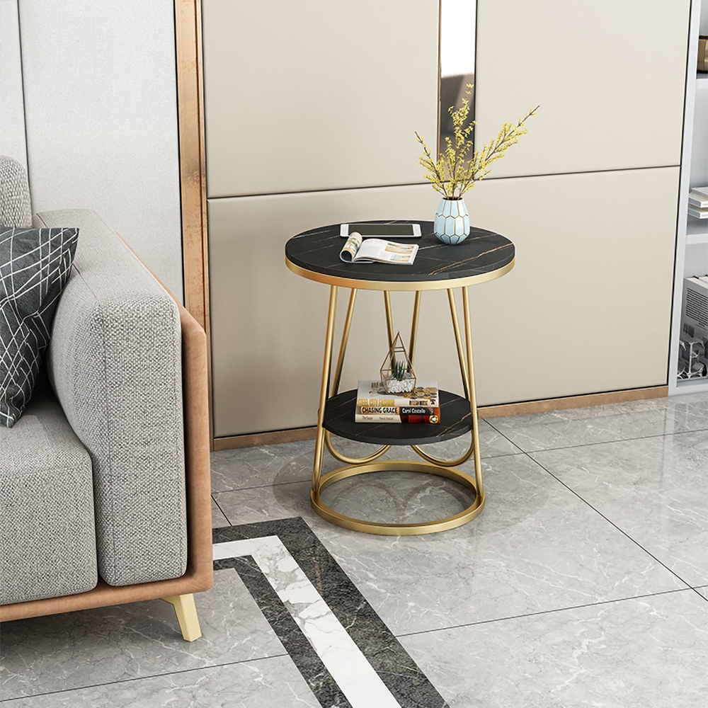 Black Round Sintered Stone Side Table with Shelf in Gold Finish window image