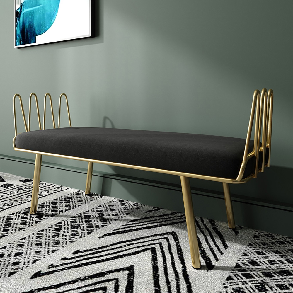 Deep Gray Entryway Bench Modern Upholstered Velvet Bench Metal in Gold window image