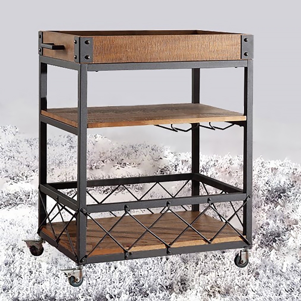 Vintage 23.6" 3-Tier Rolling Bar Cart Glasses Holder with Handle Black Metal & Wood window image