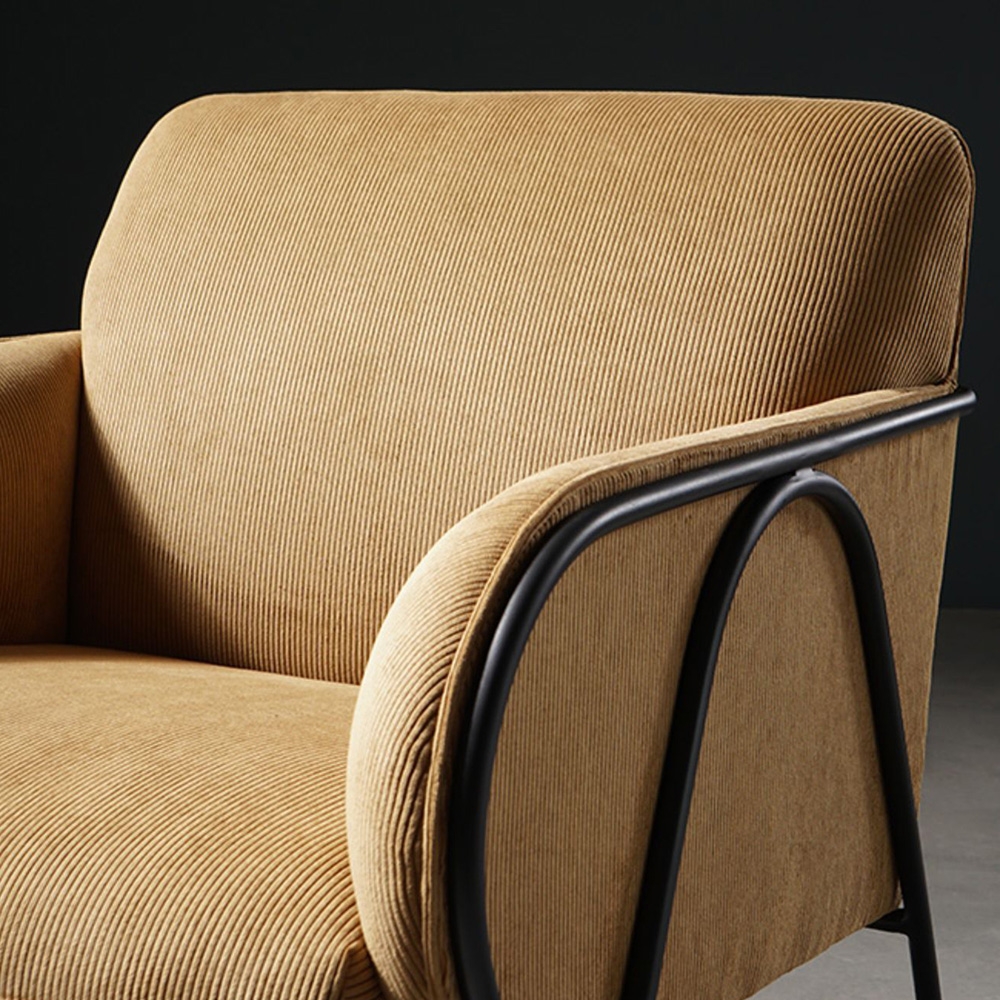 Yellow Upholstered Corduroy Accent Chair Modern Arm Chair Metal in Black window image