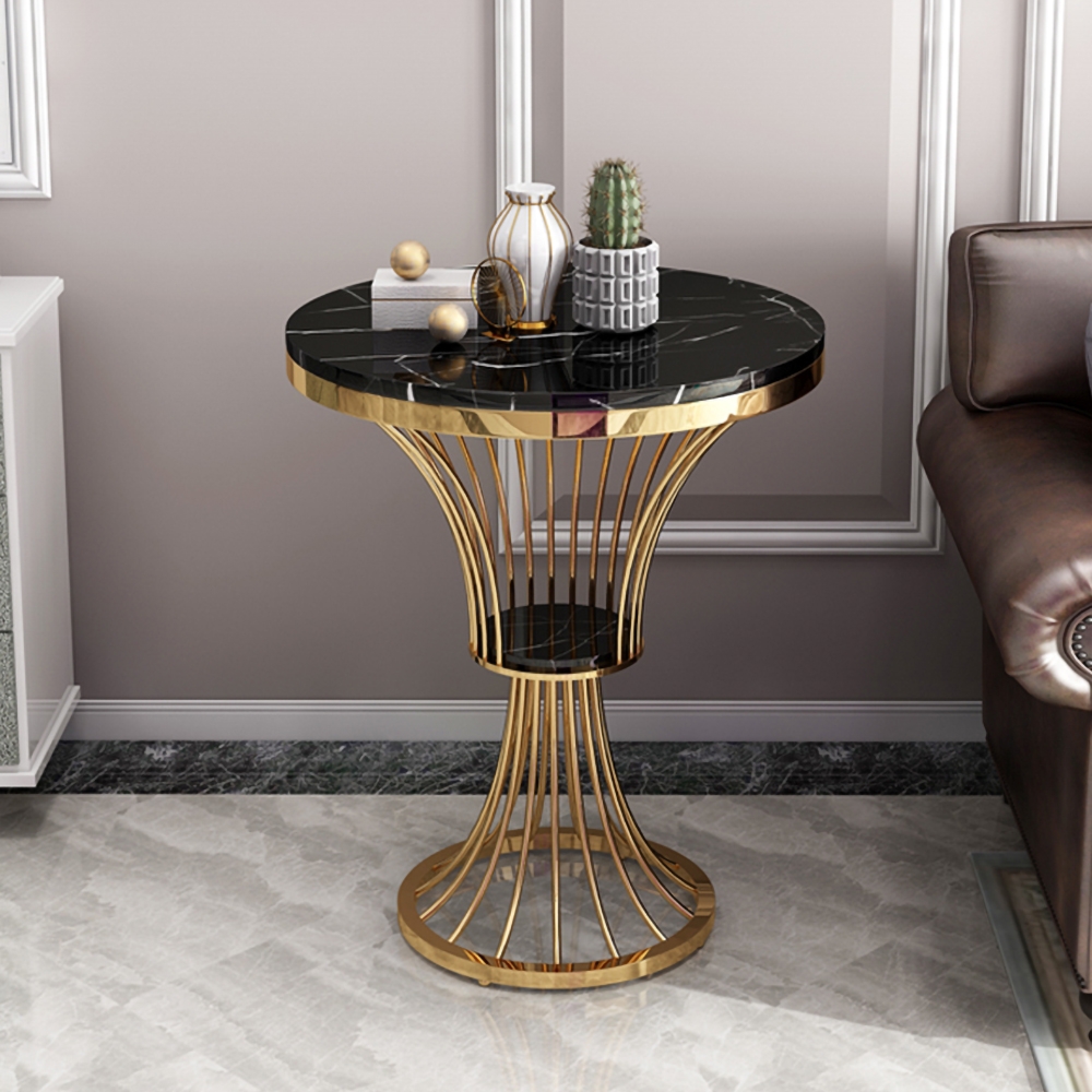 Black Round Faux Marble Side Table Spiral-Shaped End Table in Gold window image