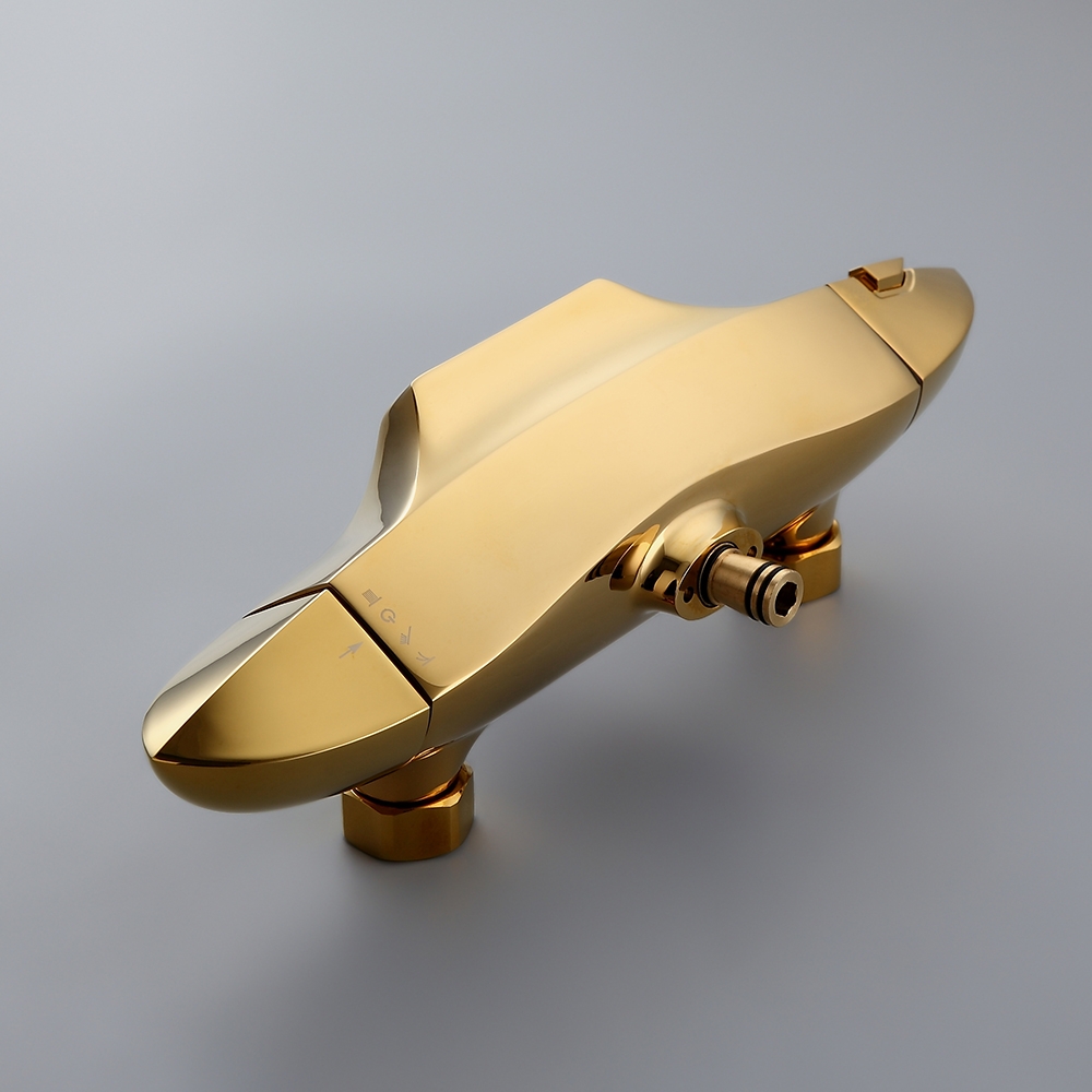 Zime Modern Gold Exposed Adjustable Shower Faucet Thermostatic Valve with 2-Function Hand Shower & Waterfall Tub Spout Shower System Solid Brass window image