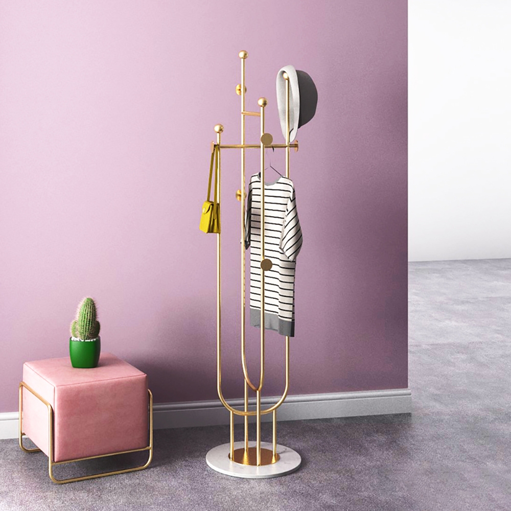67" Simple Gold Clothing Rack with Hanging and Hook Faux Marble window image