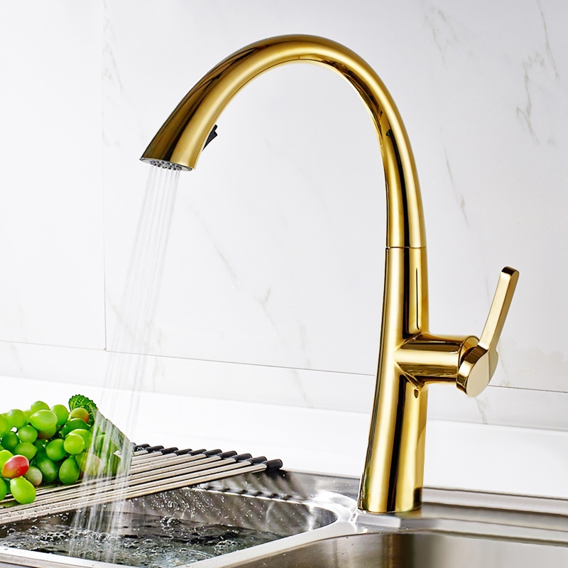 Modern Single Handle Rotatable 1-Hole Pull Out Kitchen Faucet with Dual-Function Spray Solid Brass in Gold window image