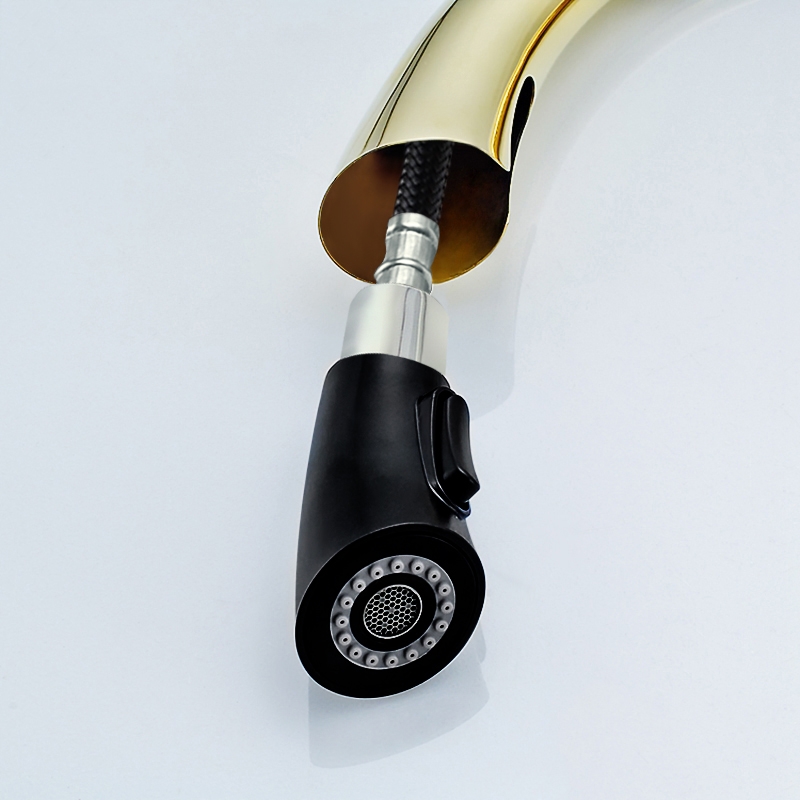Modern Single Handle Rotatable 1-Hole Pull Out Kitchen Faucet with Dual-Function Spray Solid Brass in Gold window image