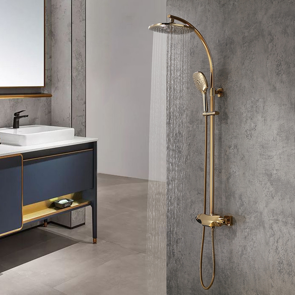 Zime Modern Gold Exposed Adjustable Shower Faucet Thermostatic Valve with 2-Function Hand Shower & Waterfall Tub Spout Shower System Solid Brass window image