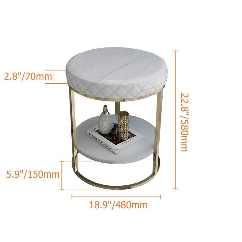 White Round Faux Marble Side Table with Storage PU Leather Gold Finish window image