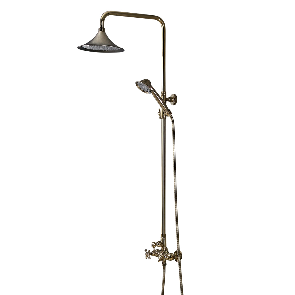 Pommeau de douche à effet pluie et mitigeur de douche à main rond et poignée croisée en laiton massif doré image de fenêtre