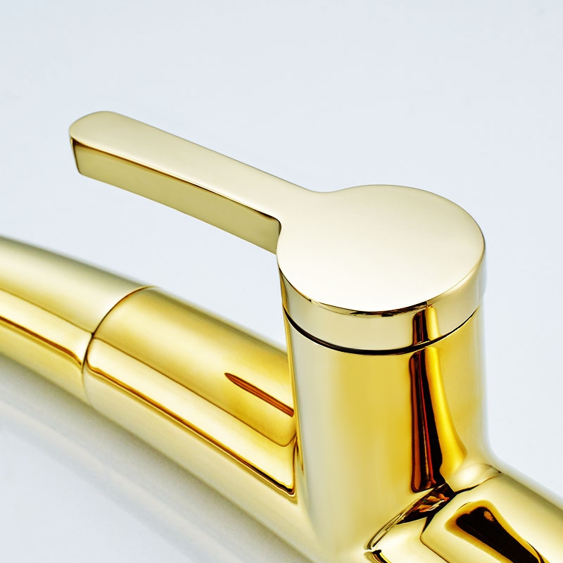Modern Single Handle Rotatable 1-Hole Pull Out Kitchen Faucet with Dual-Function Spray Solid Brass in Gold window image