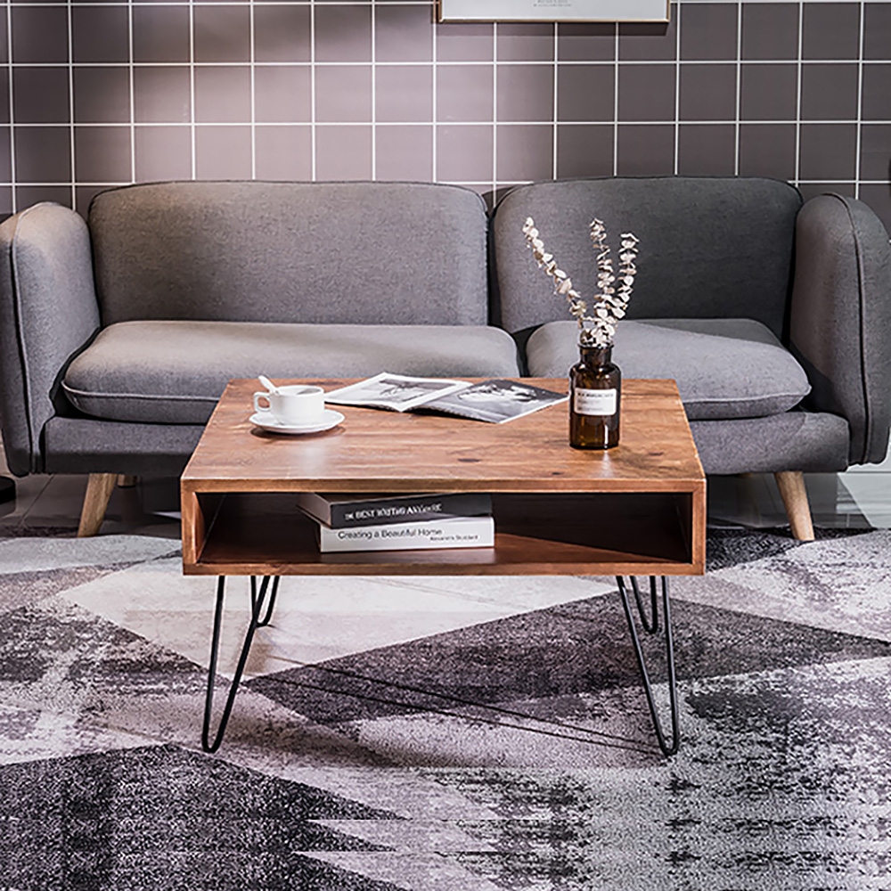 Farmhouse 31" Square Coffee Table Distressed Wood with Open storage Metal Base window image