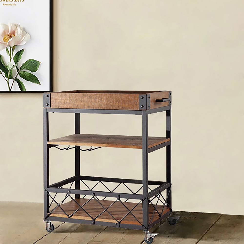 Vintage 23.6" 3-Tier Rolling Bar Cart Glasses Holder with Handle Black Metal & Wood window image