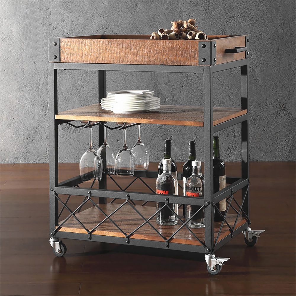 Vintage 23.6" 3-Tier Rolling Bar Cart Glasses Holder with Handle Black Metal & Wood window image