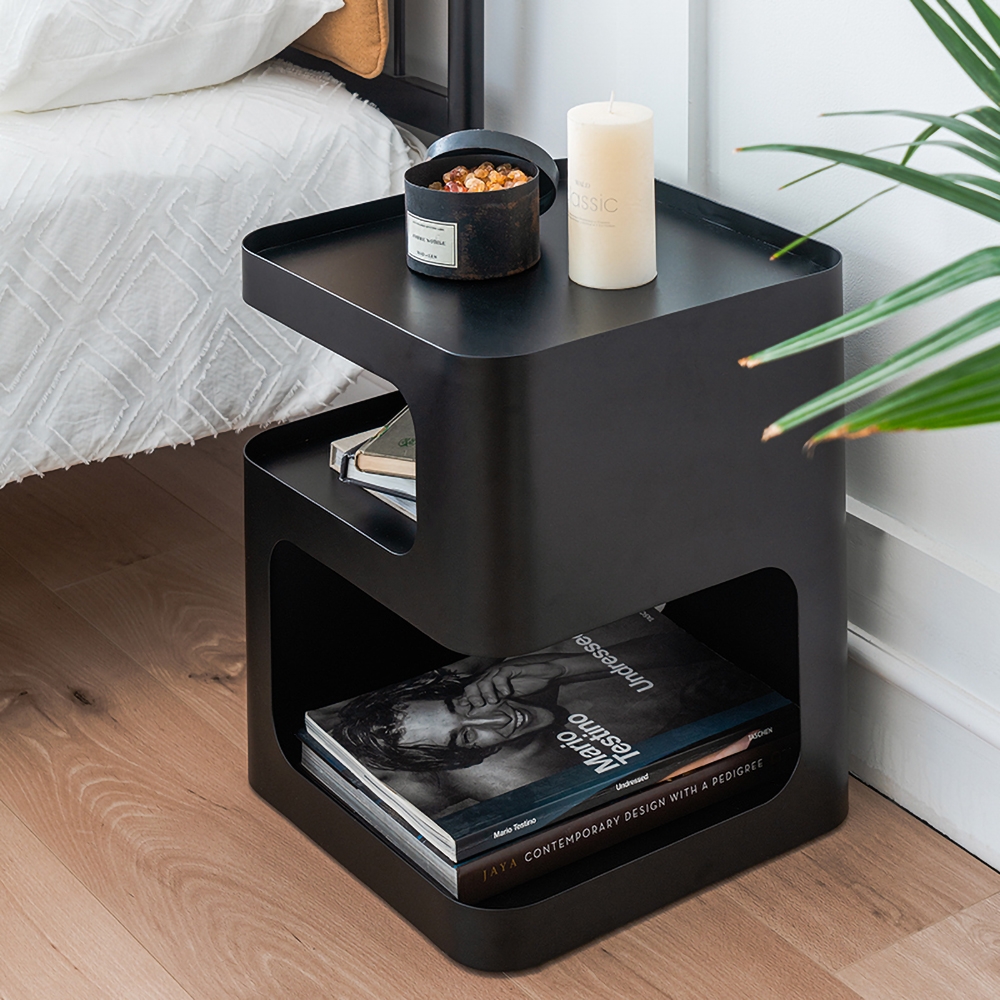 Modern Black End Table with Storage 3-Tier Hollow Side Table in Artistic Style window image