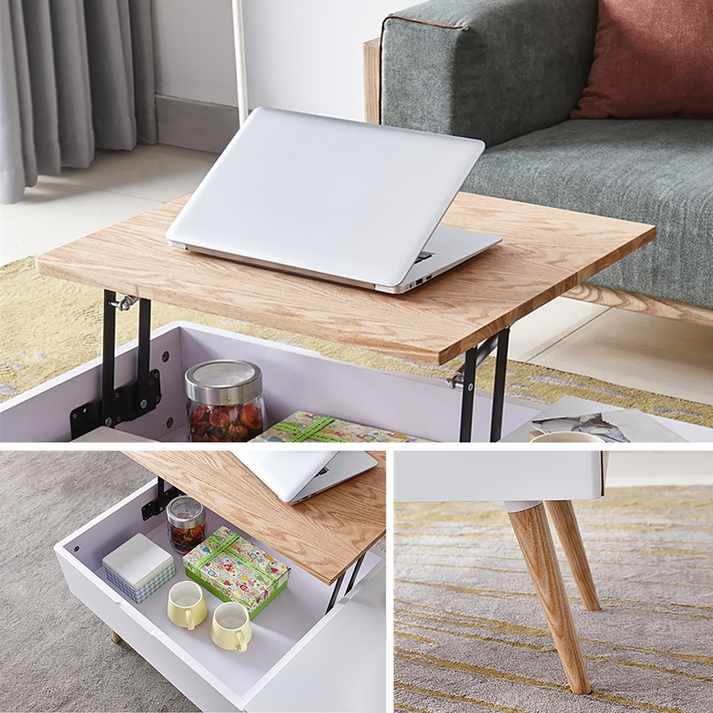 White Walnut Mid Century Lift-Top Storage Coffee Table with Drawer Accent Table window image