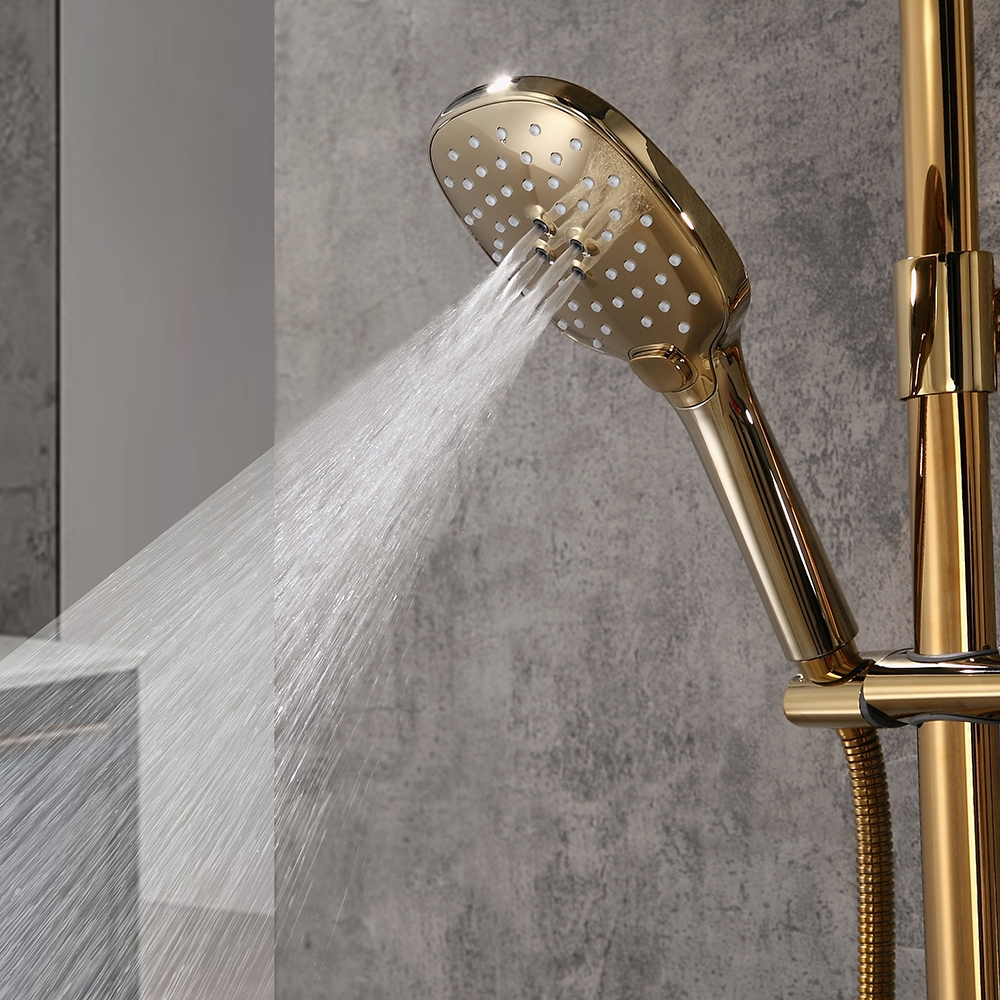 Zime Modern Gold Exposed Adjustable Shower Faucet Thermostatic Valve with 2-Function Hand Shower & Waterfall Tub Spout Shower System Solid Brass window image