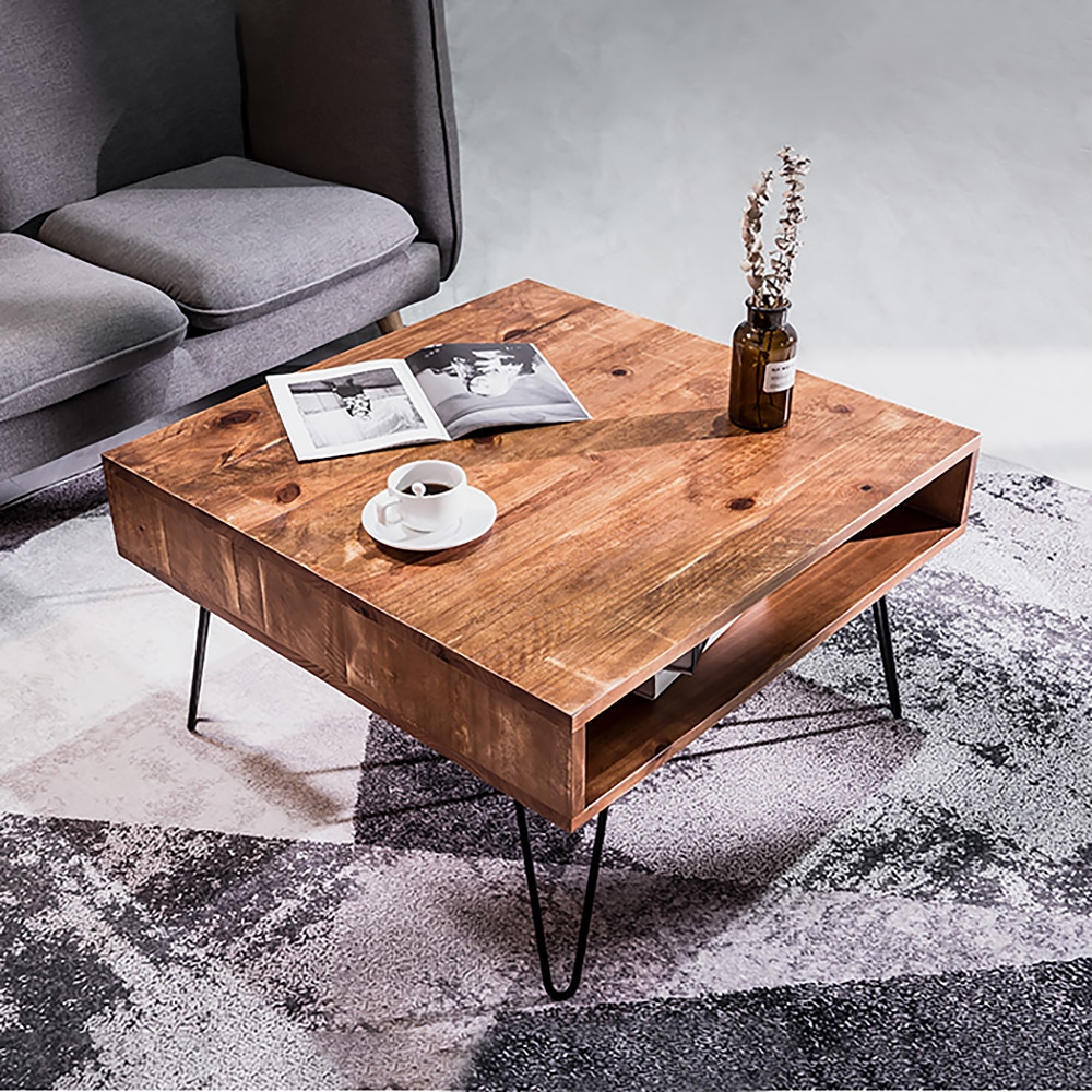 Farmhouse 31" Square Coffee Table Distressed Wood with Open storage Metal Base window image