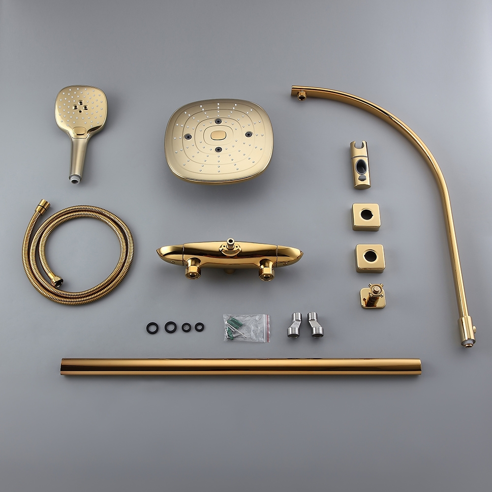 Zime Modern Gold Exposed Adjustable Shower Faucet Thermostatic Valve with 2-Function Hand Shower & Waterfall Tub Spout Shower System Solid Brass window image