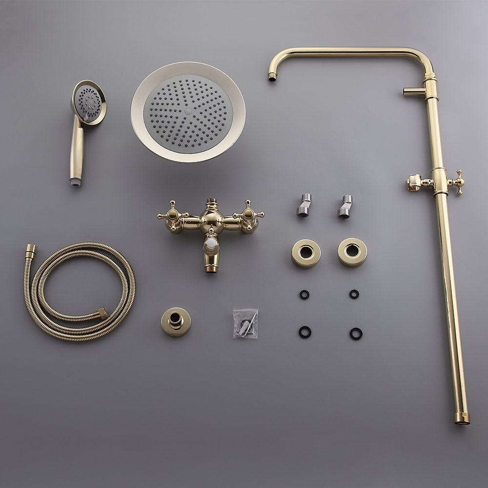 Pommeau de douche à effet pluie et mitigeur de douche à main rond et poignée croisée en laiton massif doré image de fenêtre