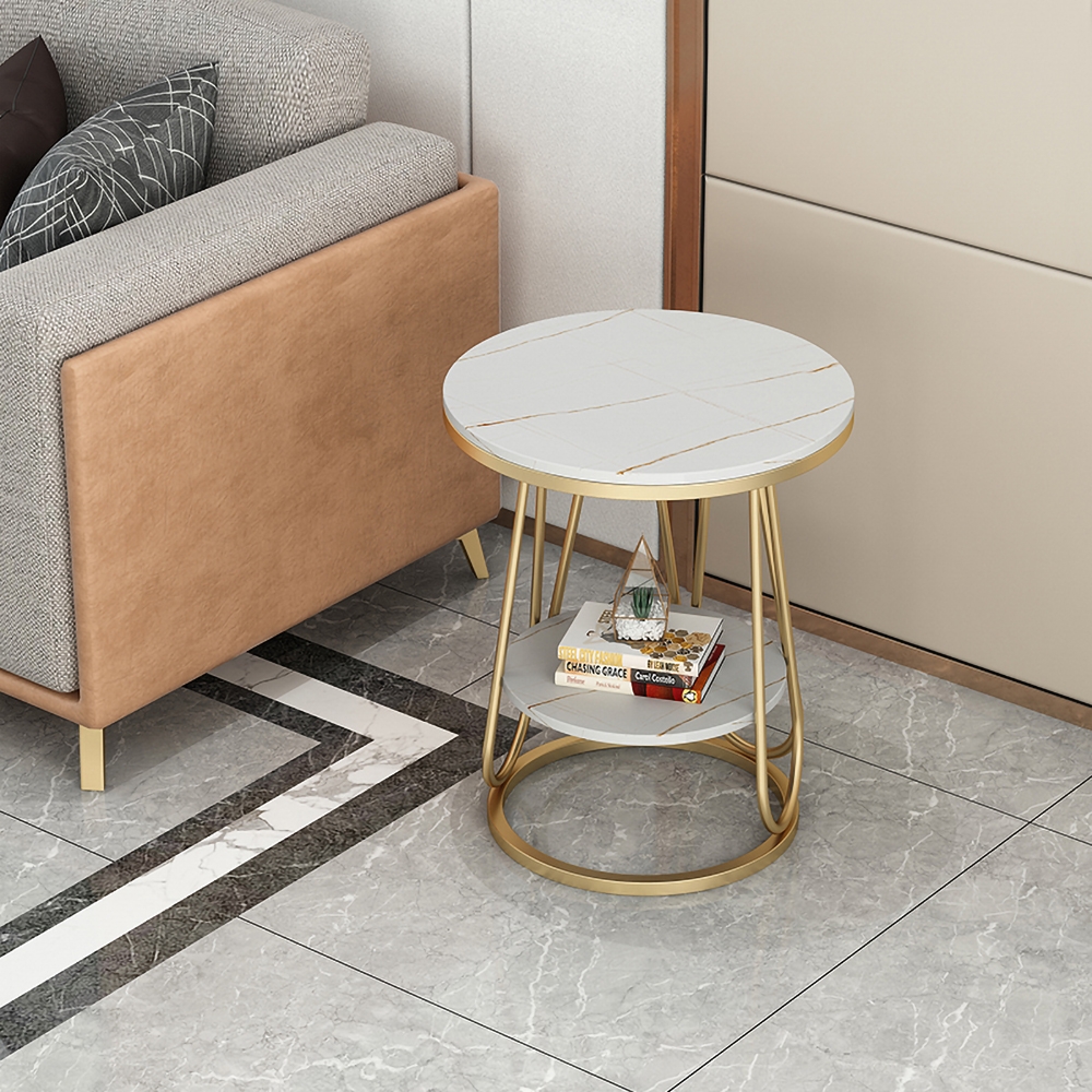 Black Round Sintered Stone Side Table with Shelf in Gold Finish window image