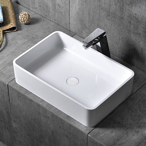 Glossy White Rectangular Stone Resin Modern Bathroom Vessel Sink with Pop-Up Drain window image