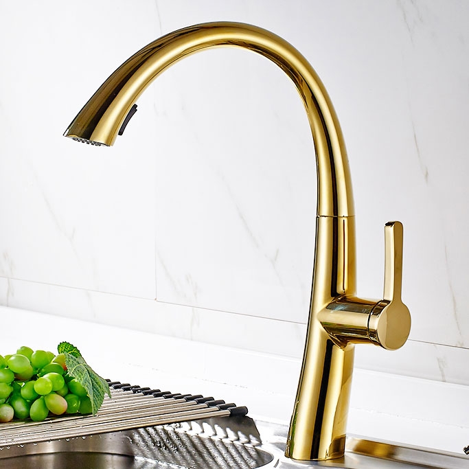 Modern Single Handle Rotatable 1-Hole Pull Out Kitchen Faucet with Dual-Function Spray Solid Brass in Gold window image