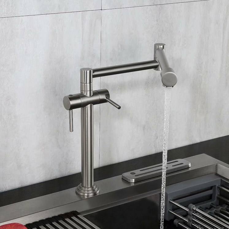 Contemporary Deck Mount Pot Filler Kitchen Faucet Retractable in Brushed Nickel Solid Brass window image