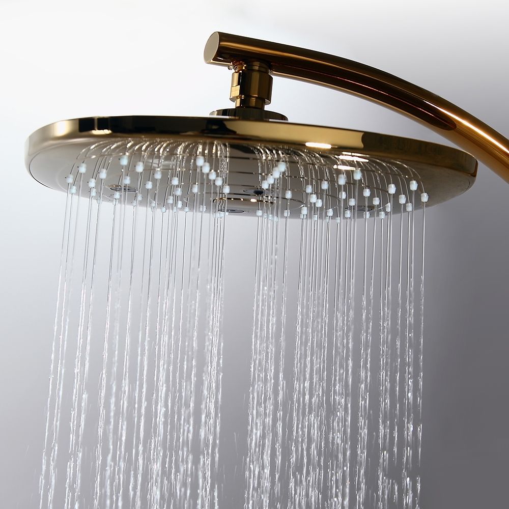 Zime Modern Gold Exposed Adjustable Shower Faucet Thermostatic Valve with 2-Function Hand Shower & Waterfall Tub Spout Shower System Solid Brass window image