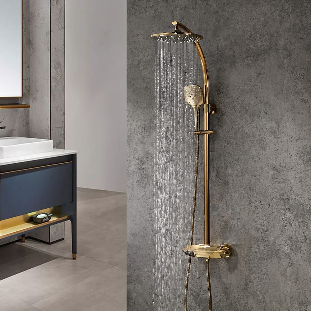 Zime Modern Gold Exposed Adjustable Shower Faucet Thermostatic Valve with 2-Function Hand Shower & Waterfall Tub Spout Shower System Solid Brass window image