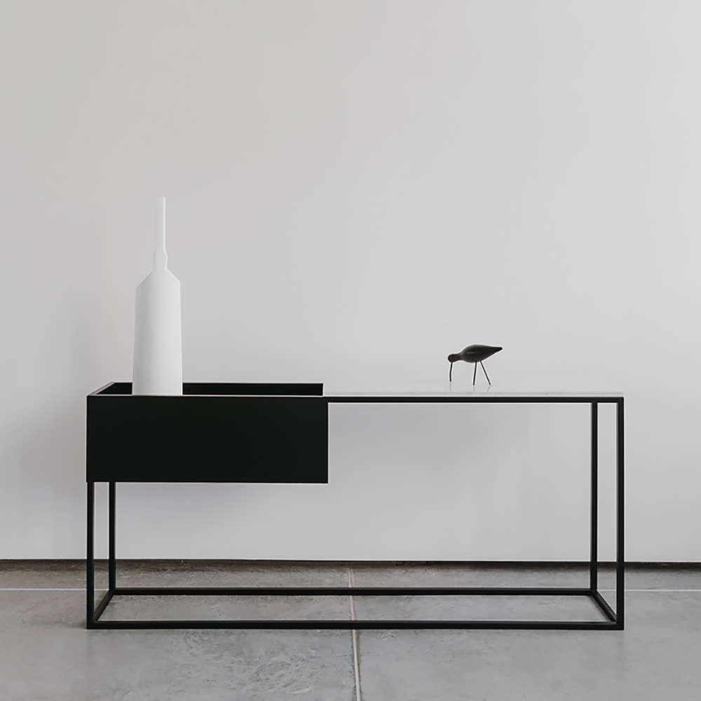 Modern White&Black Faux Marble Narrow Console Table Rectangle with Storage window image