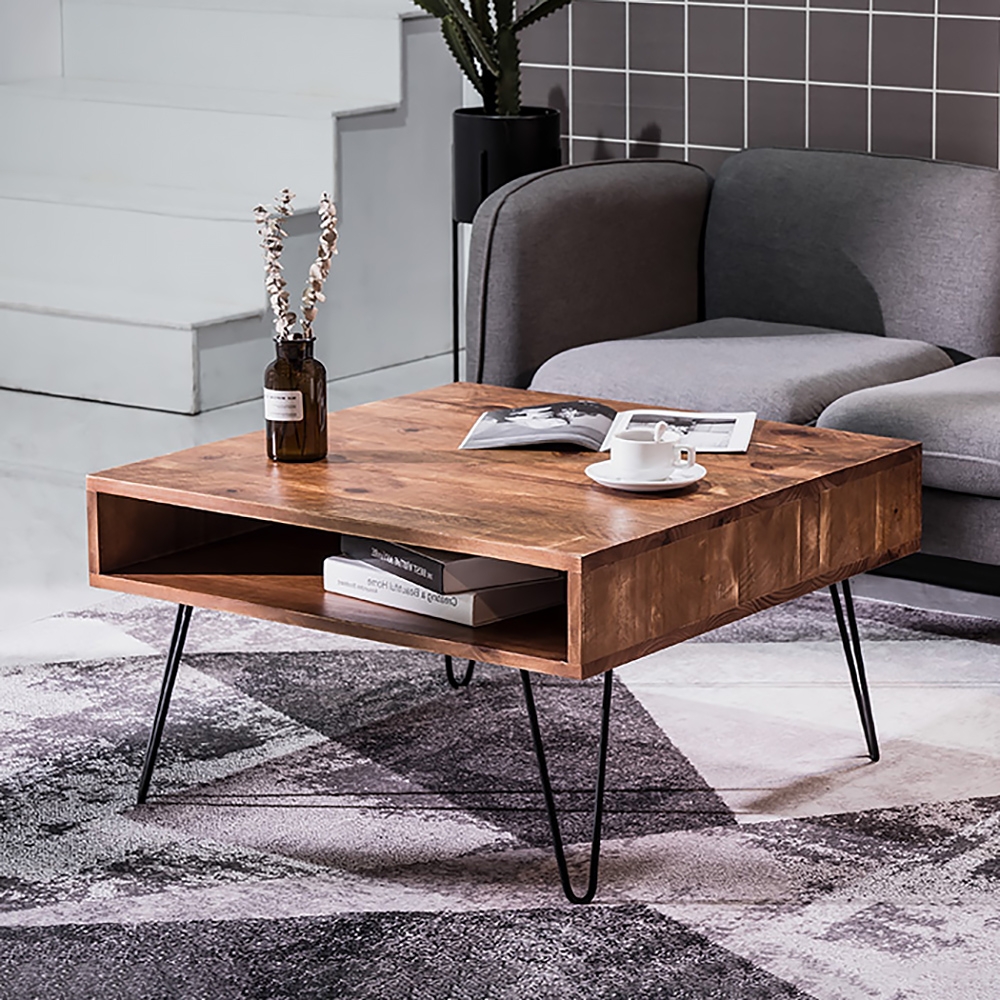 Farmhouse 31" Square Coffee Table Distressed Wood with Open storage Metal Base window image