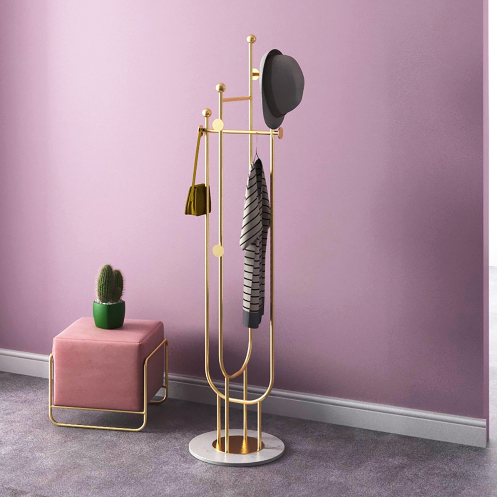 67" Simple Gold Clothing Rack with Hanging and Hook Faux Marble window image