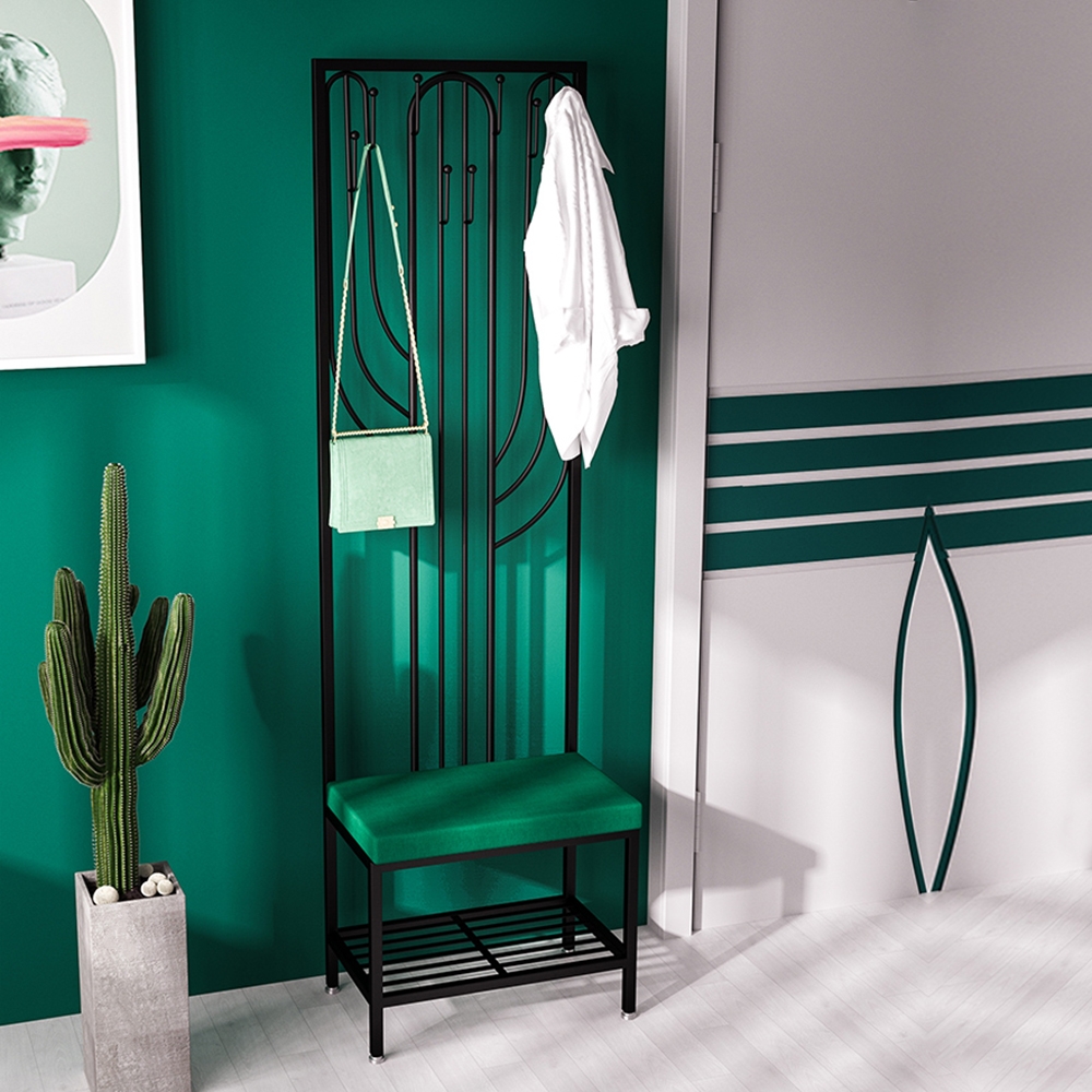 Hall Tree with Bench Shoe Storage Upholstered Clothing Rack Gold/Black window image