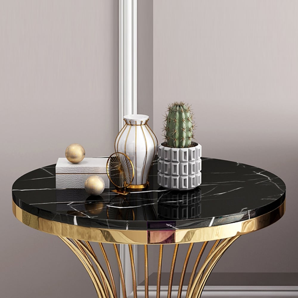 Black Round Faux Marble Side Table Spiral-Shaped End Table in Gold window image
