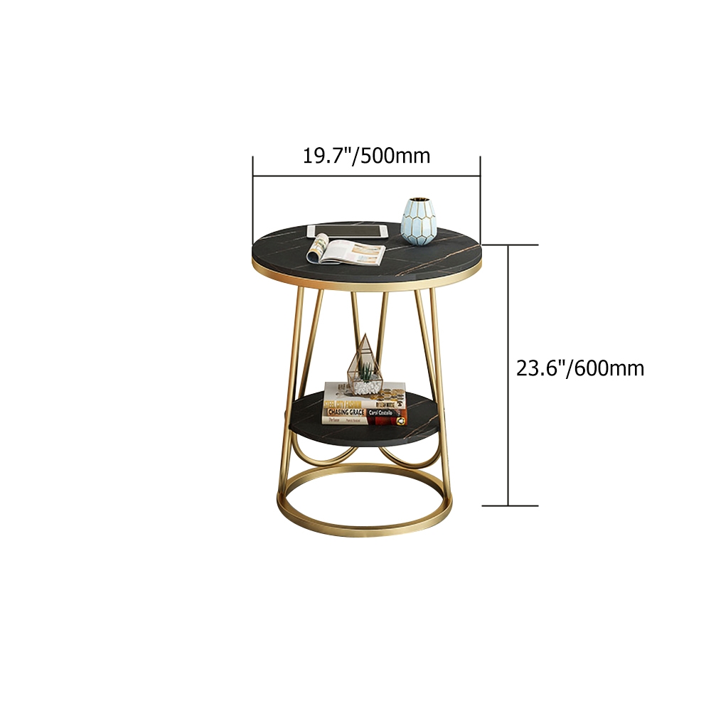 Black Round Sintered Stone Side Table with Shelf in Gold Finish window image